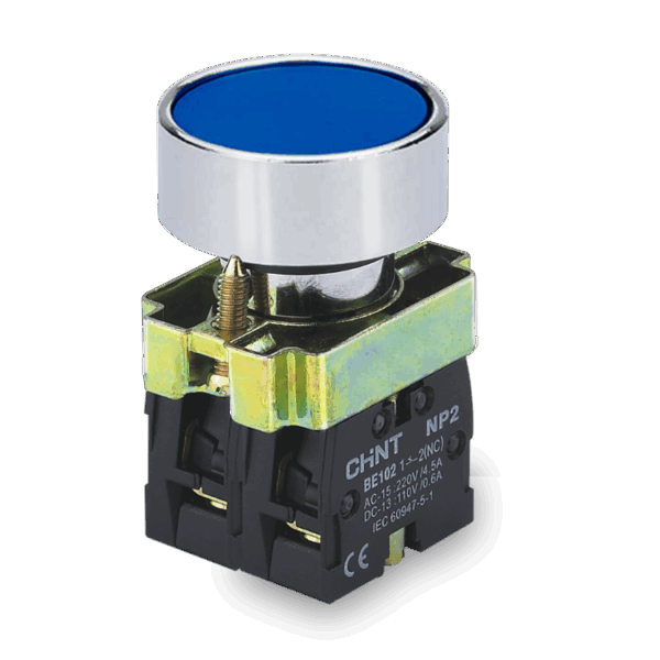 PULSADOR DE CUERPO METALICO DE 22 MM AZUL CON CONTACTO NA